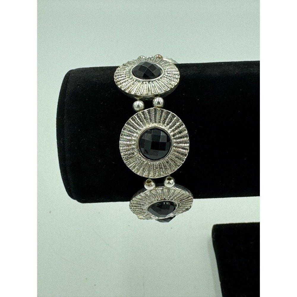 Chunky Silvertone & Black Circular Links Stretch Bracelet
